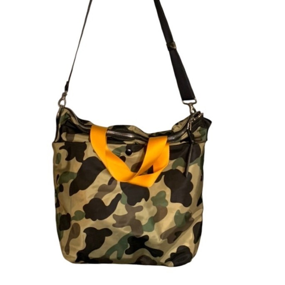 shortyLOVE Camo Nylon Crossbody Bag Green Brown Yellow Handles Zipper Pocket